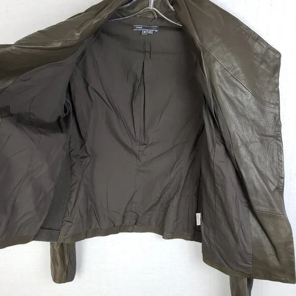 VINCE Leather Scuba Jacket Biker Lustrous Asymmetrical Minimalist Taupe Gray M